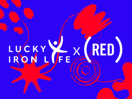 Red splotches that look like paint strokes on a blue backdrop in whimsical designs. The text